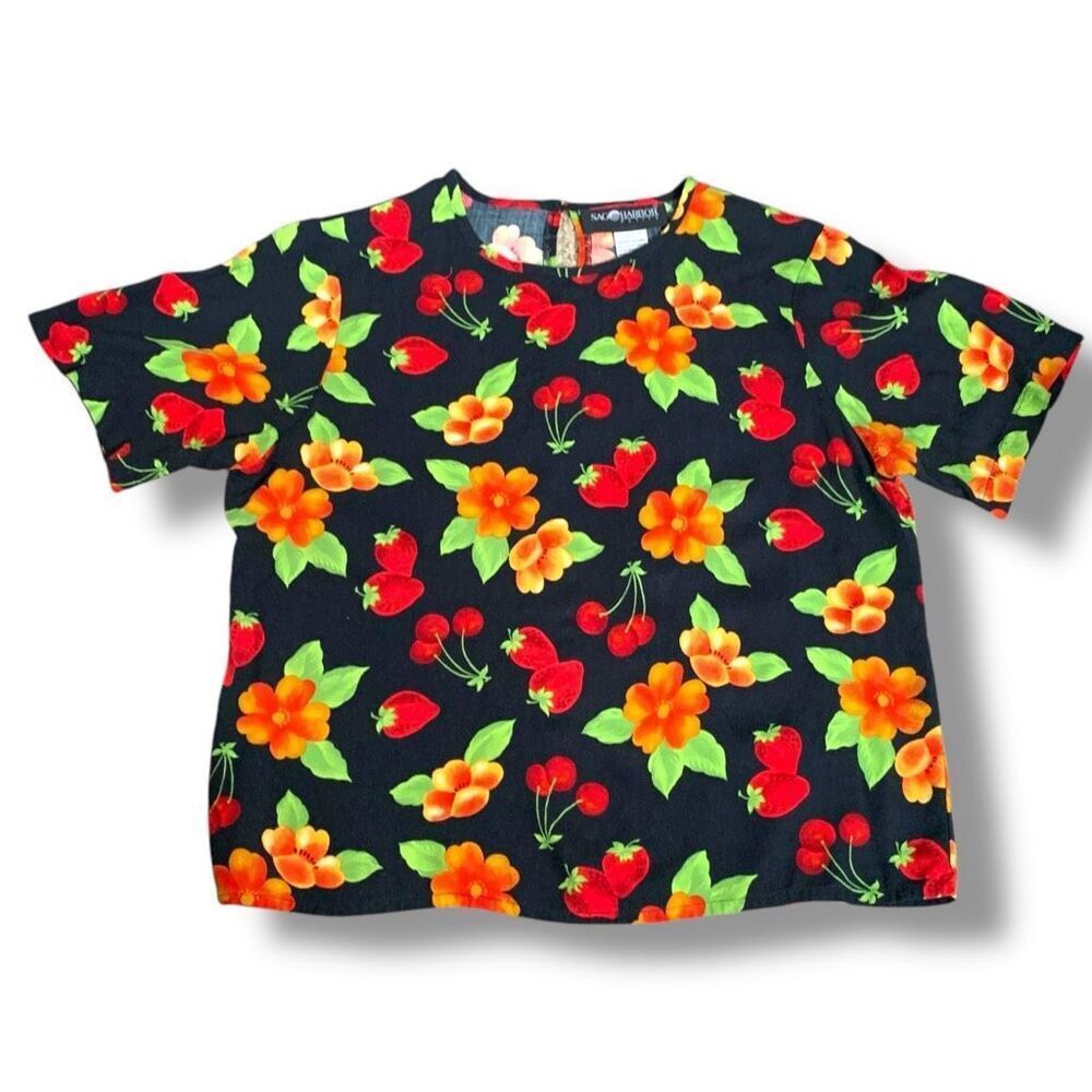 Vintage 90s Petite Top Fruit Dark Floral Print Black Round Neck Short Sleeve